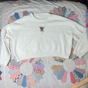 Moon & Madison White Espresso Martini Bow Embroidered Knit Sweater Large ST23130